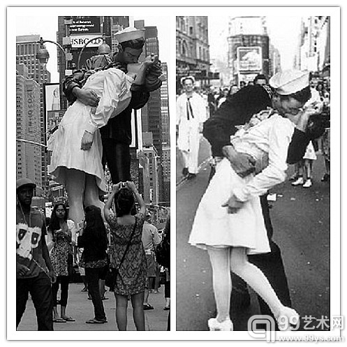 “勝利之吻”雕塑(左)勝利之吻 Alfred Eisenstaedt攝（右）